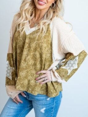 Olive Green and Cream Mixed-Media V-Neck Pullover